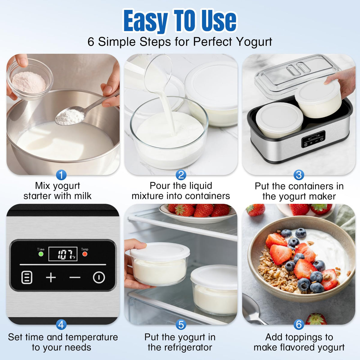 Adjustable Temp & Time Yogurt Maker with Auto Shut-Off, Constant Fermentation, with Two 1-Quart Glass Bowls for Homemade Probiotic Yogurt