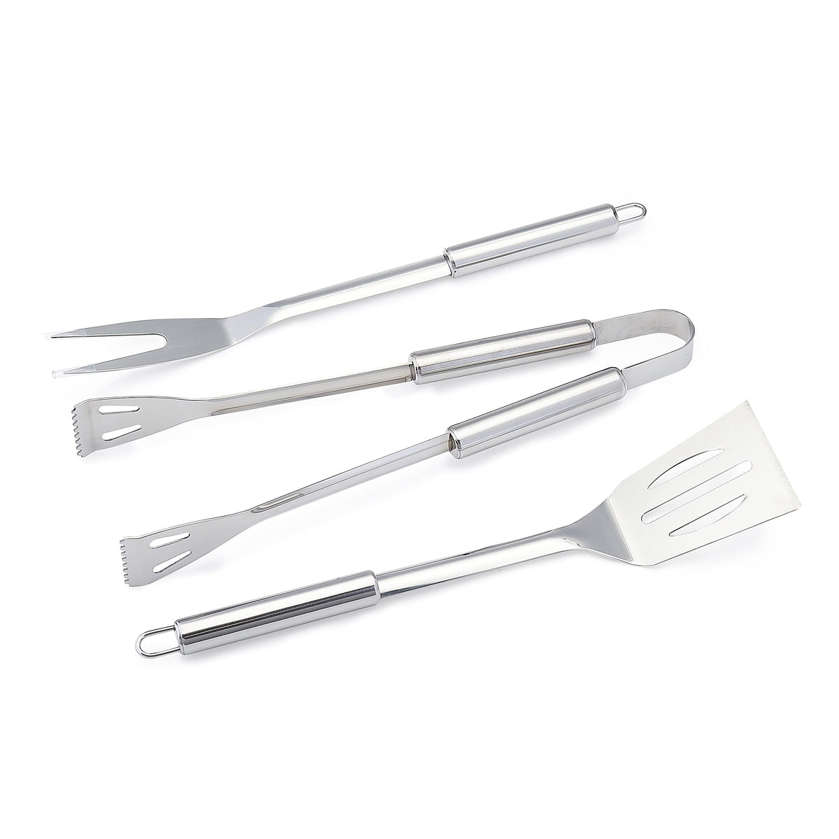 Amazon Basics 4-Piece Stainless Steel BBQ Grilling Tool Set with Carry Bag, Rust-Resistant, Dishwasher Safe