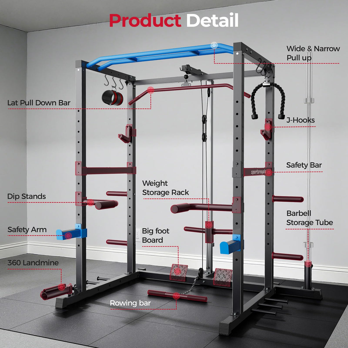Sportsroyals Squat Rack, LAT Power Cage, Power Rack Multi-Function with Pulley System and Training Attachments for Home Gym