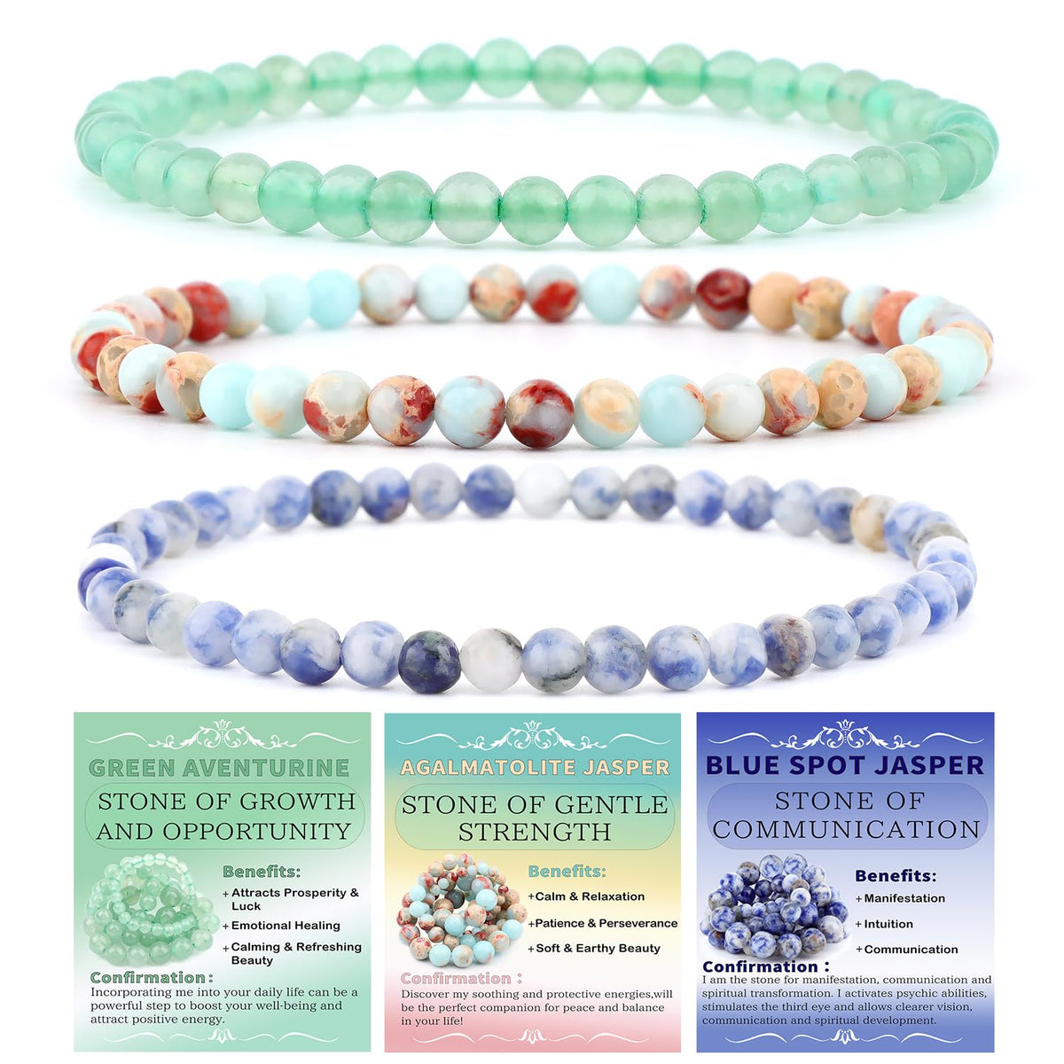 CMBYN 3-Pieces 4mm Natural Crystal Gemstone – ﻿Agalmatolite Jasper, Blue Spot, Green Aventurine Handmade Reiki Energy Healing Stretch Bracelets Jewelry for Yoga, Meditation, Unisex