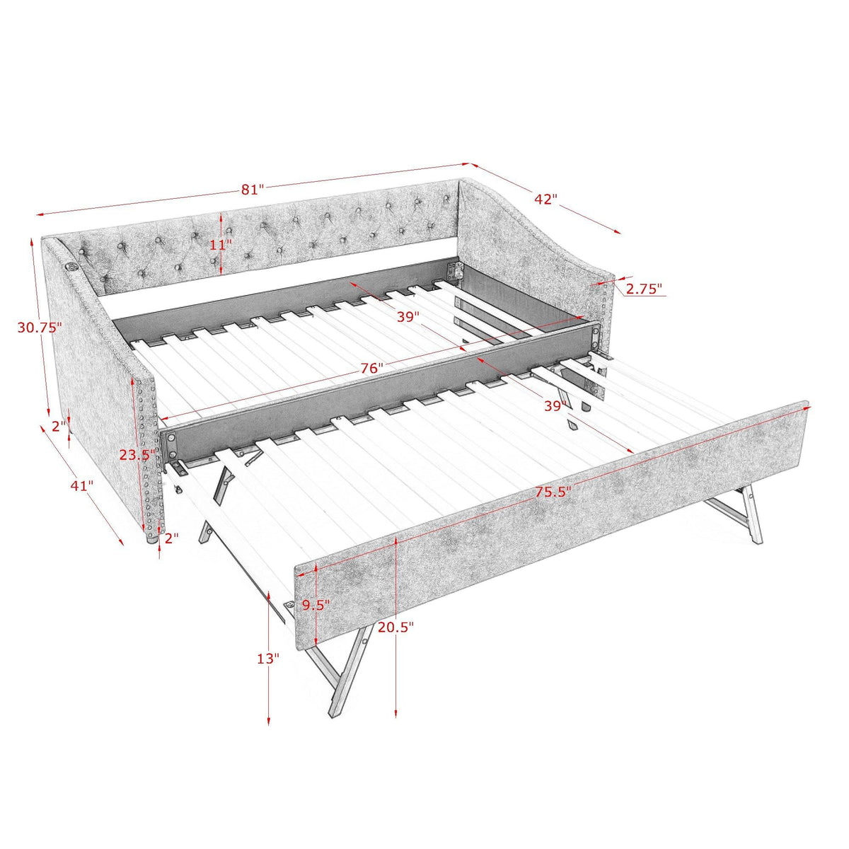 Ball & Cast Twin Size Upholstered Daybed with Pop Up Trundle & USB Port,Twin to King Daybed Frame with Button Tufted Backrest & Nailhead Trim Design, Extendable Trundle Bed,No Box Spring Neeed,Beige