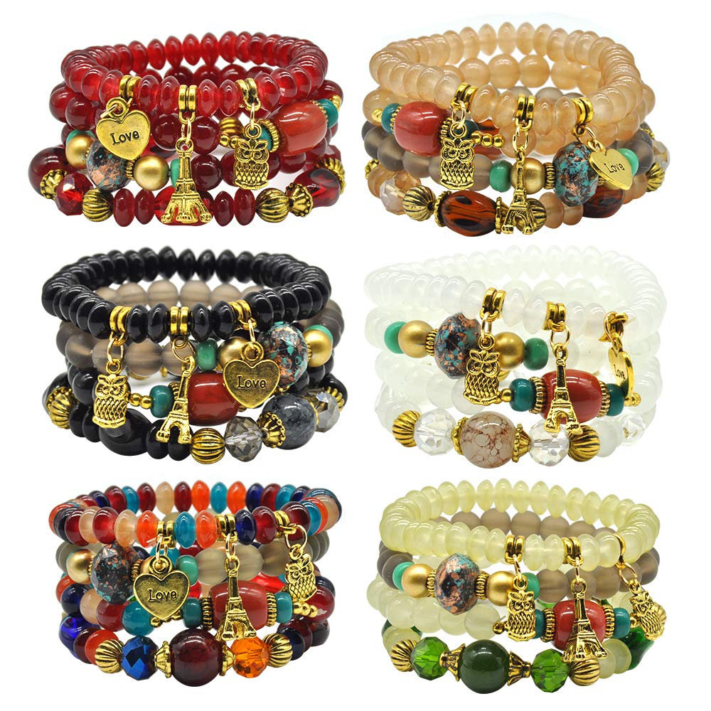 Bohemian Bracelet Sets for Women - 6 Stackable Stretch Bracelets Multi-color Boho Jewelry Hippie Dainty Best Friend Gift (Owl charm stretch bracelet set)