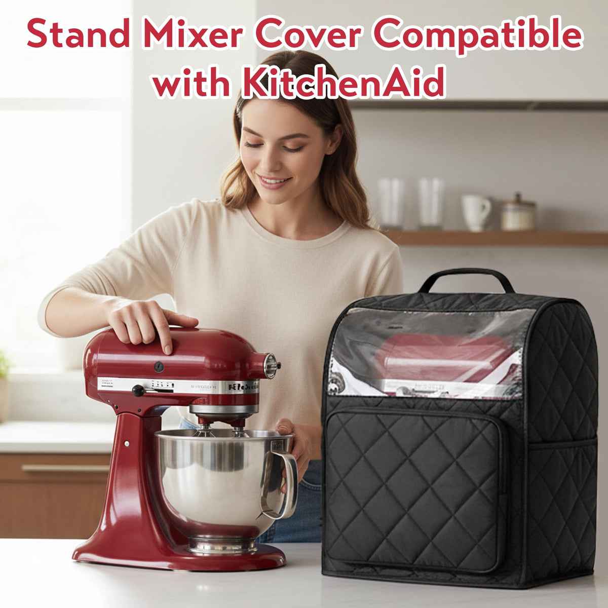 Stand Mixer Cover Compatible with KitchenAid 6/7/8 Quart Bowl Lift Mixers, Washable Appliance Dust Cover with Multi Pockets for Kitchen Aid Accessories and Attachments, Black
