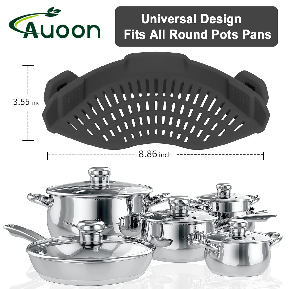AUOON Clip On Strainer Silicone for All Pots and Pans, Pasta Strainer Clip on Food Strainer for Meat Vegetables Fruit Silicone Kitchen Colander (Gray)