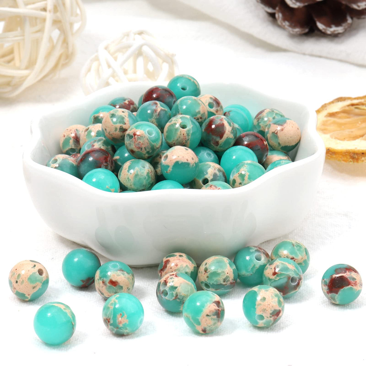 60pcs 6mm Natural Stone Beads Green Snakeskin Jasper Beads Energy Crystal Healing Power Gemstone for Jewelry Making, DIY Bracelet Necklace