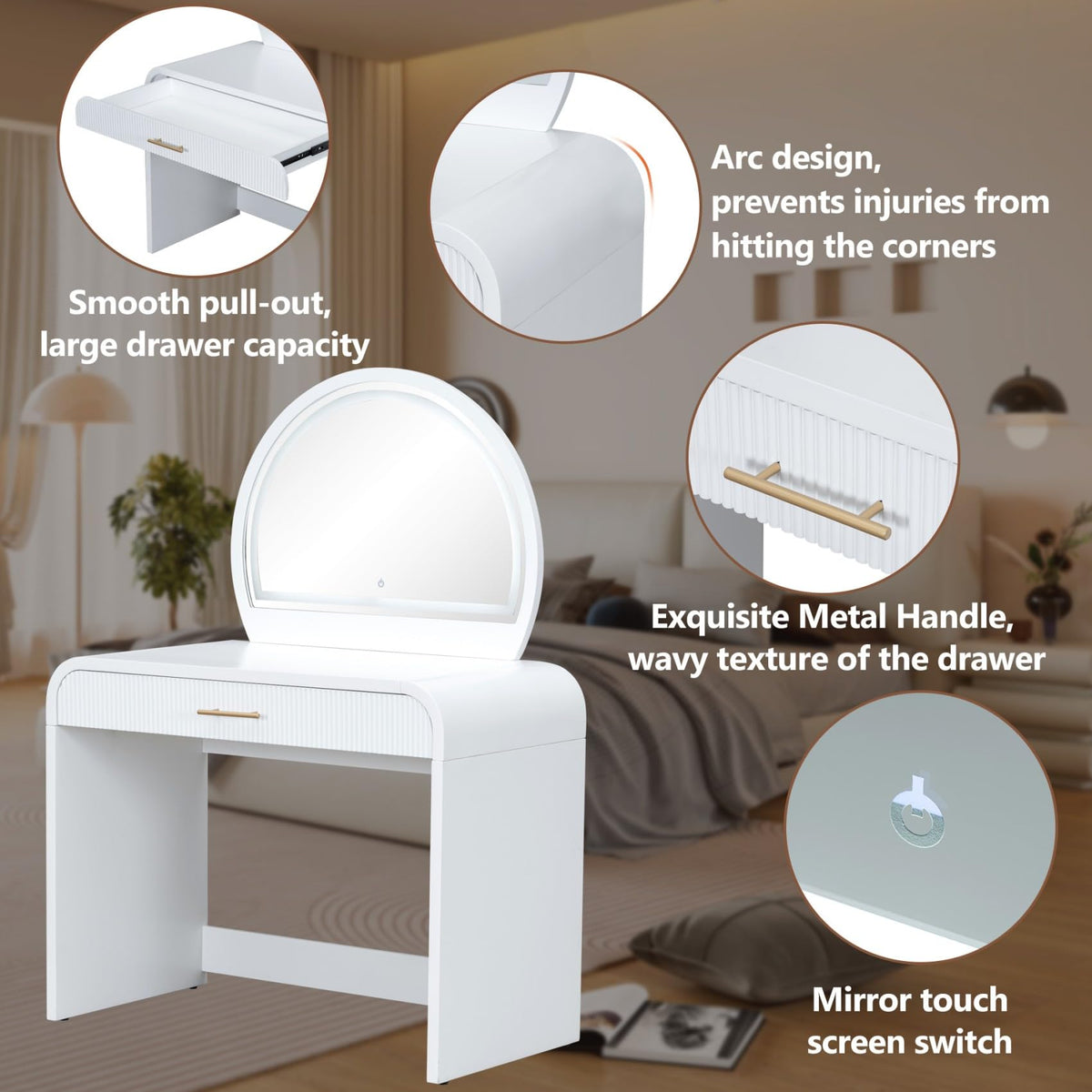 Merax 39" Make Up Vanity Desk with Touch Screen Lighted Mirror and Storage Drawer, Rubber Wood Girls Makeup Dresser Table for Bedroom, Dressing Room