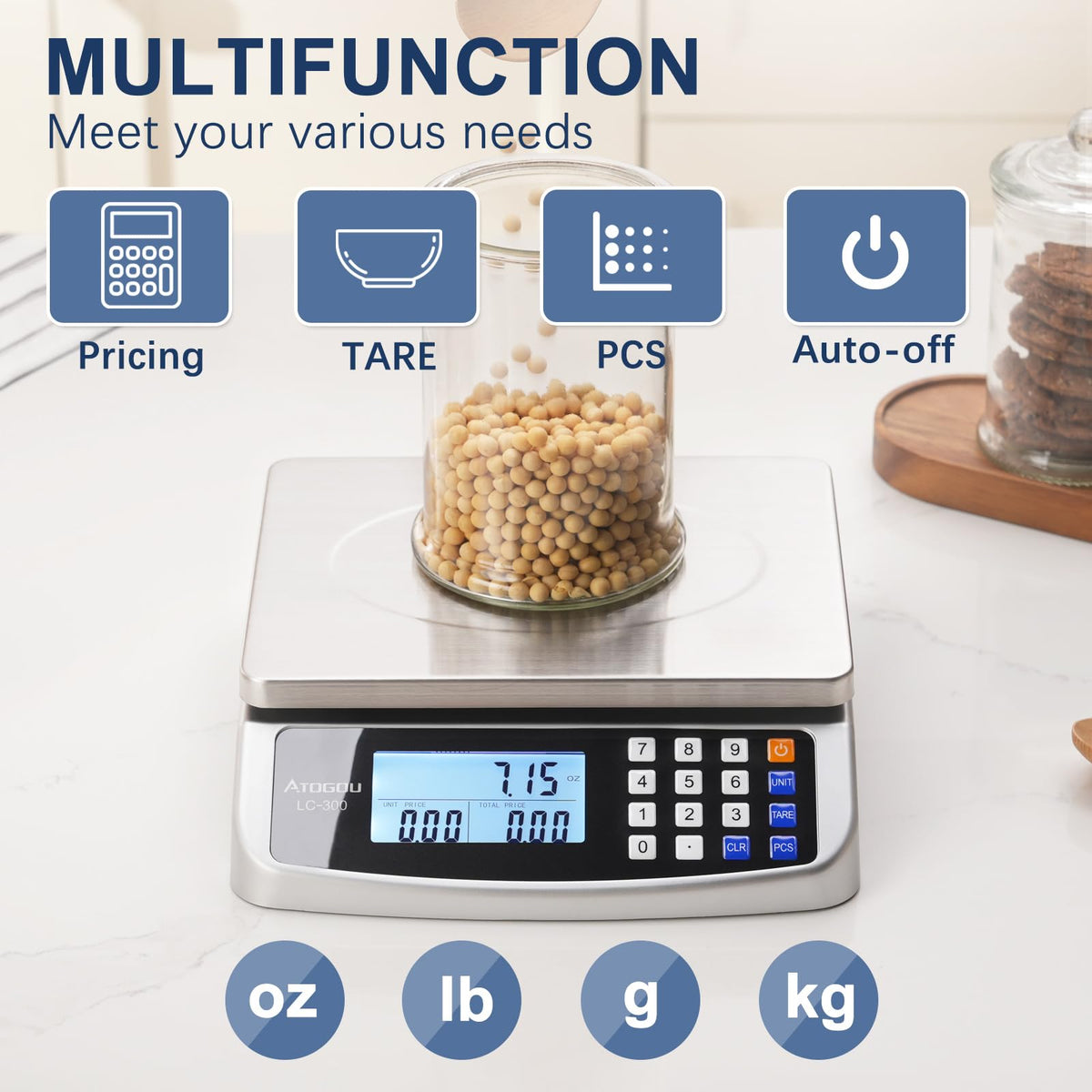 Atogou 66lb Food Scale, Commercial Kitchen Scale with Price Computing, Plug-in Usable, 0.05oz/1g, 304 Stainless Steel, for Cooking, Vegetables, Farm, Industry, Counting. LC300 Silver