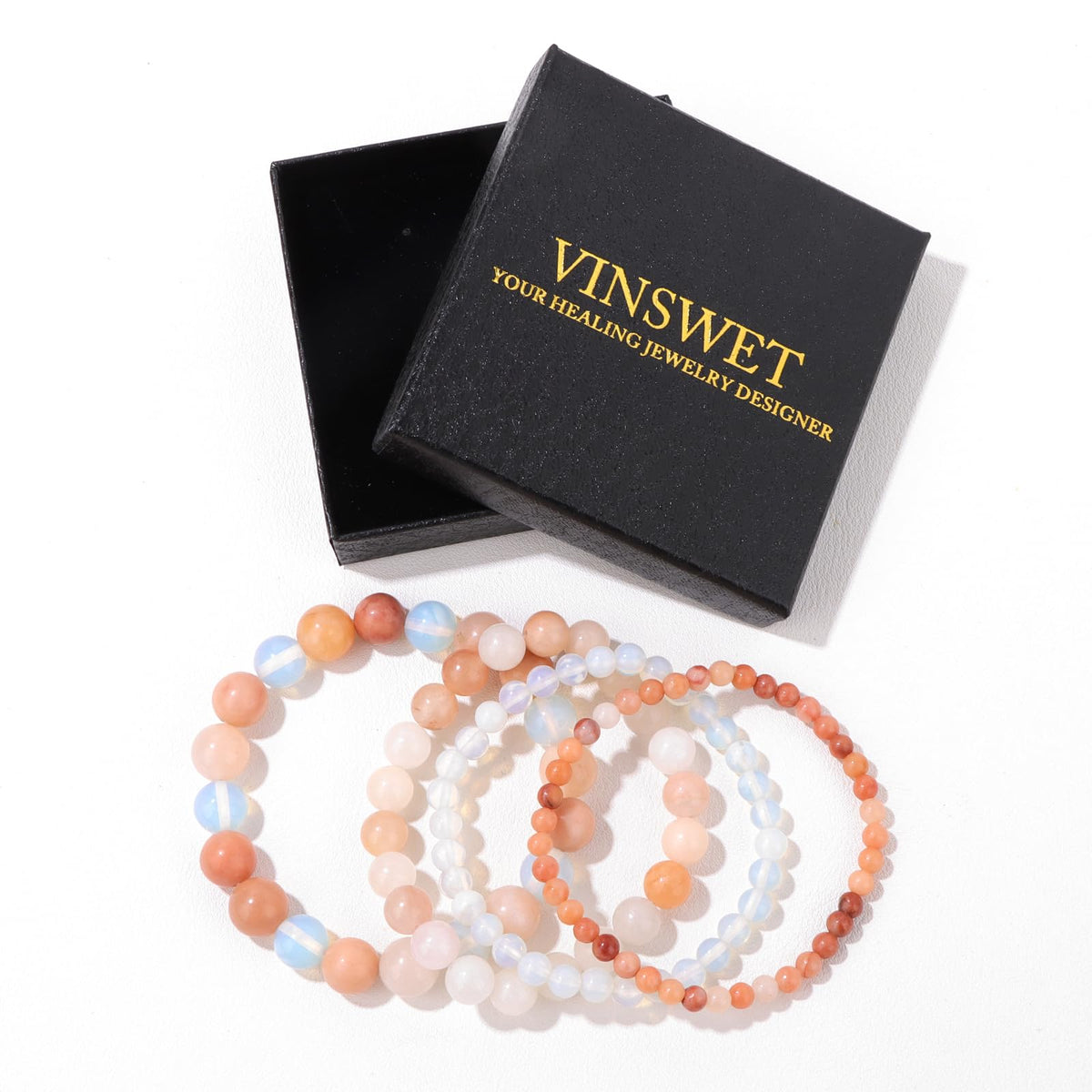 Vinswet 4pcs Natural Stone Beaded Bracelets for Women Men,Healing Crystal Gemstones Stretch Bracelet,4mm 6mm 8mm 10mm Pink aventurine Crystal Opal Anxiety Stress Relief Bracelet Jewelry Gifts