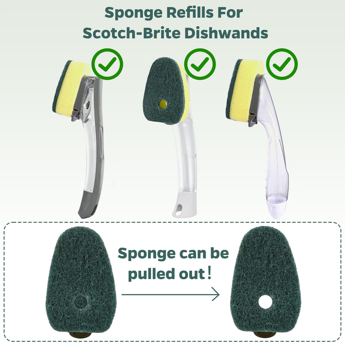 Sponge Dishwand Brush Refills for Scotch-Brite Dishwand - 10 Pack Dish Soap Non-Scratch Brush Refills for Nonstick Pots and Pans, Glass & Tubs（Green