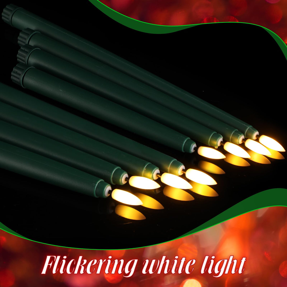 Rossesay 24 Pcs Flameless LED Taper Candles Battery Operated Candle 8.5", 9.65", 10.8", 12.8" Flameless Candlesticks Flickering for Christmas Church Wedding Indoor Decoration(Classic, Green)