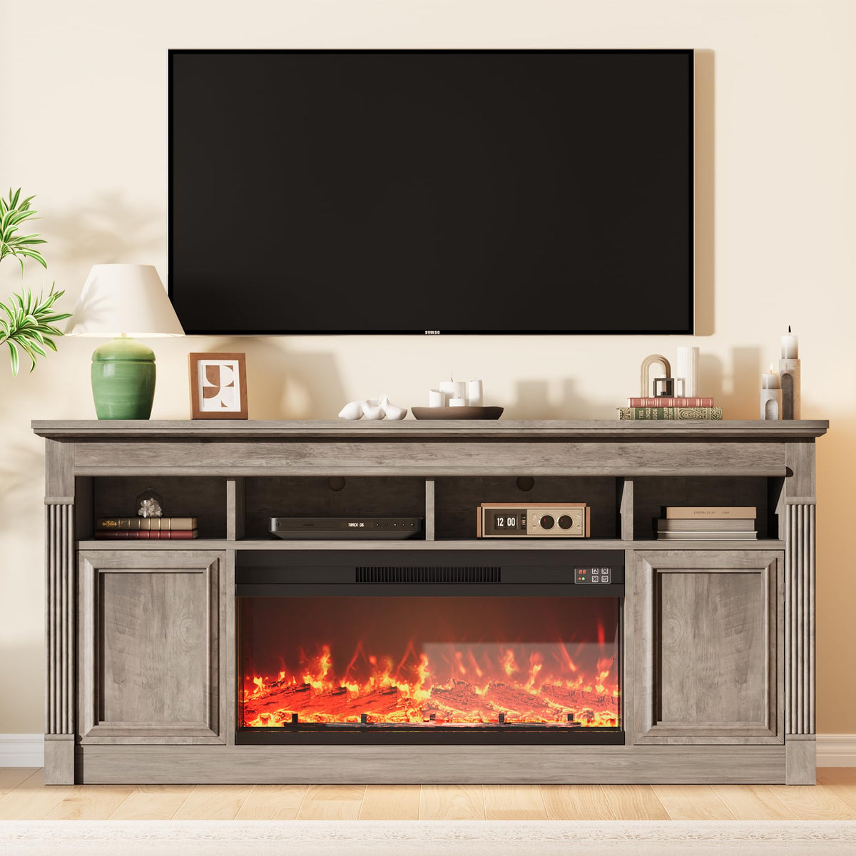 Garvee 68" Farmhouse Electric Fireplace TV Stand, Entertainment Center with Open Storage Cabinets for TVs up to 75", Media Console for Living Room,Grey