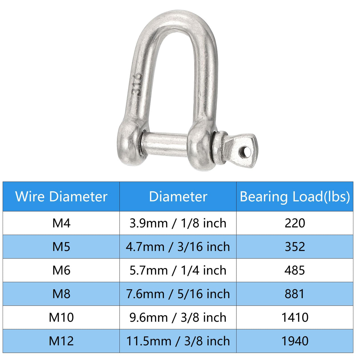 PATIKIL 5/16"(7.74mm) 882lb 316 Stainless Steel D Shackle, 8Pcs Heavy Duty Screw Pin Shackle Marine Grade for Chains Wire Rope Outdoor, Silver