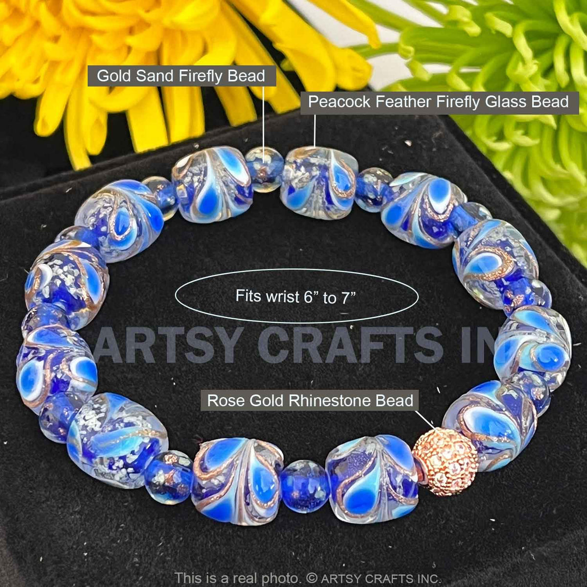 ARTSY CRAFTS INC Peacock Feather Glow in the Dark Firefly Bead Bracelet, Luminous Murano Jewelry Glowing Beaded Bracelet, Stretchy Wristband, Sapphire 6-7"
