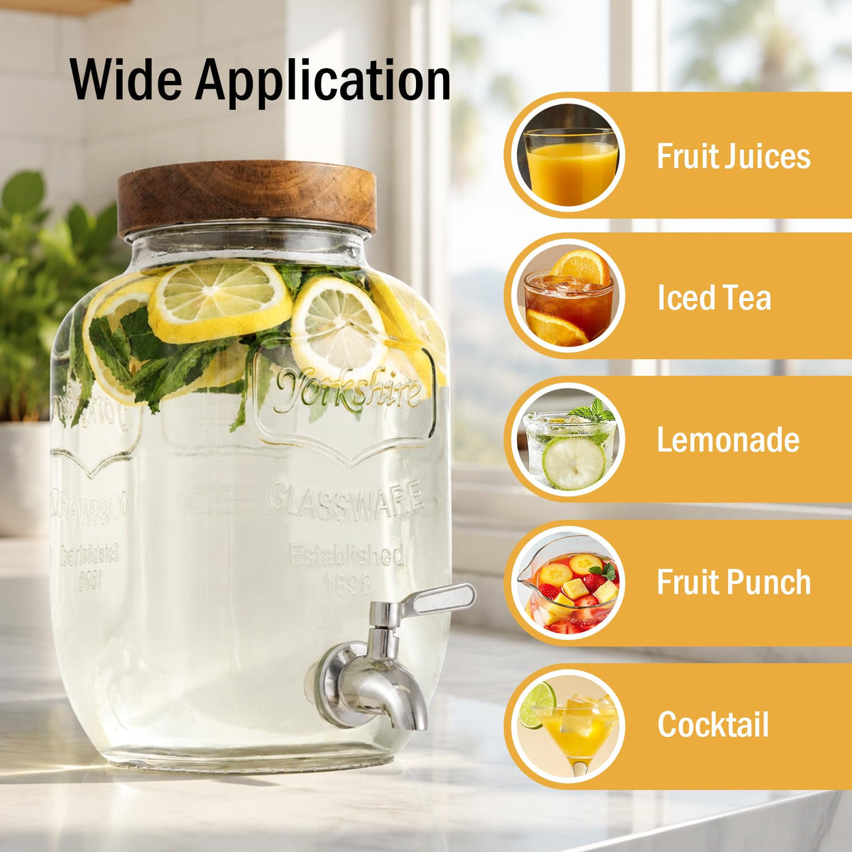 mustry Glass Drink Dispenser for Parties, 1 Gallon Beverage Dispenser with Stand and Spigot Solid Stainless Steel, Used as Lemonade Dispenser Sun Tea Jar Kombucha Jar, Set of 2