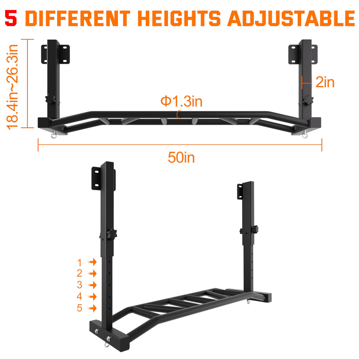 HWOOUSA 48" Joist Mounted Pull Up Bar, 600LBS Heavy Duty Multi Grip Ceiling Mount Chin Up Bar, Ceiling Beam for Home Gym/Garage/Basement with 5-Height Adjustable& Round Anchors, Easy to Install