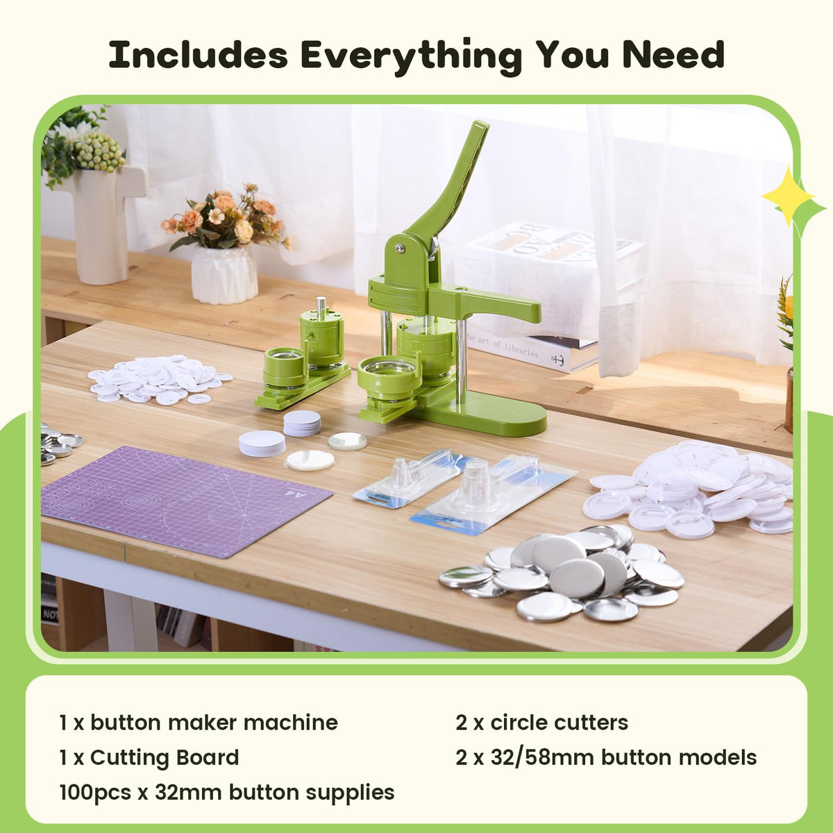 Aiment Button Maker Machine Multiple Sizes 200Pcs, Badge Maker 1.25+2.25 inch for Kids, Badge Press Machine with 200 Sets Button Making Supplies & Cutter & Cutting Mat (Green, 32/58mm)