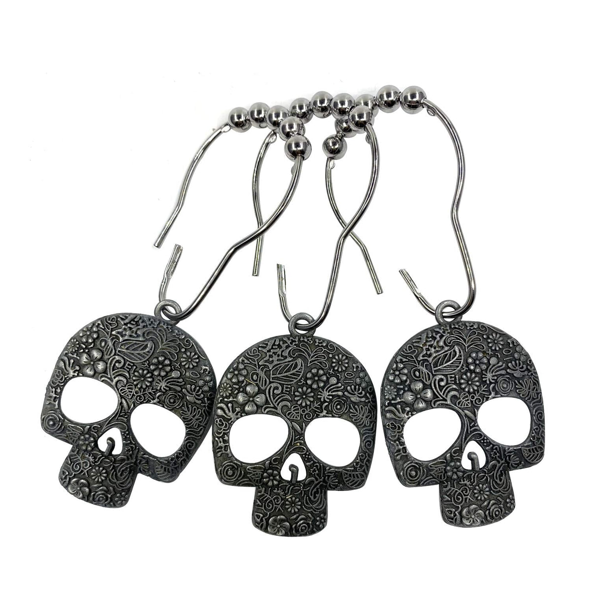 ZILucky Set of 12 Sugar Skull Shower Curtain Hooks Decorative Home Bathroom Stainless Steel Rustproof Skeletons Shower Curtain Rings Decor Accessories (Pewter)
