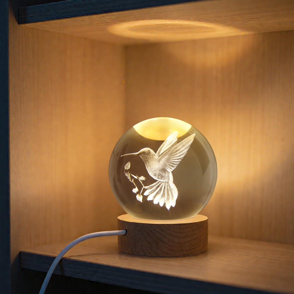 AOFEGRLT 3D Laser Engraved Bird Crystal Ball with LED Stand, 60mm Hummingbird Figurine Lamp Night Light, Glass Hummingbird Globe Paperweight Gift