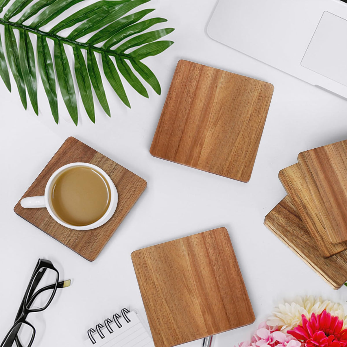 16 Pieces Unfinished Wood Coasters, 4 Inch Square Acacia Wooden Coasters for Crafts with Non-Slip Silicon Dots for DIY Stained Painting Wood Engraving Home Decoration