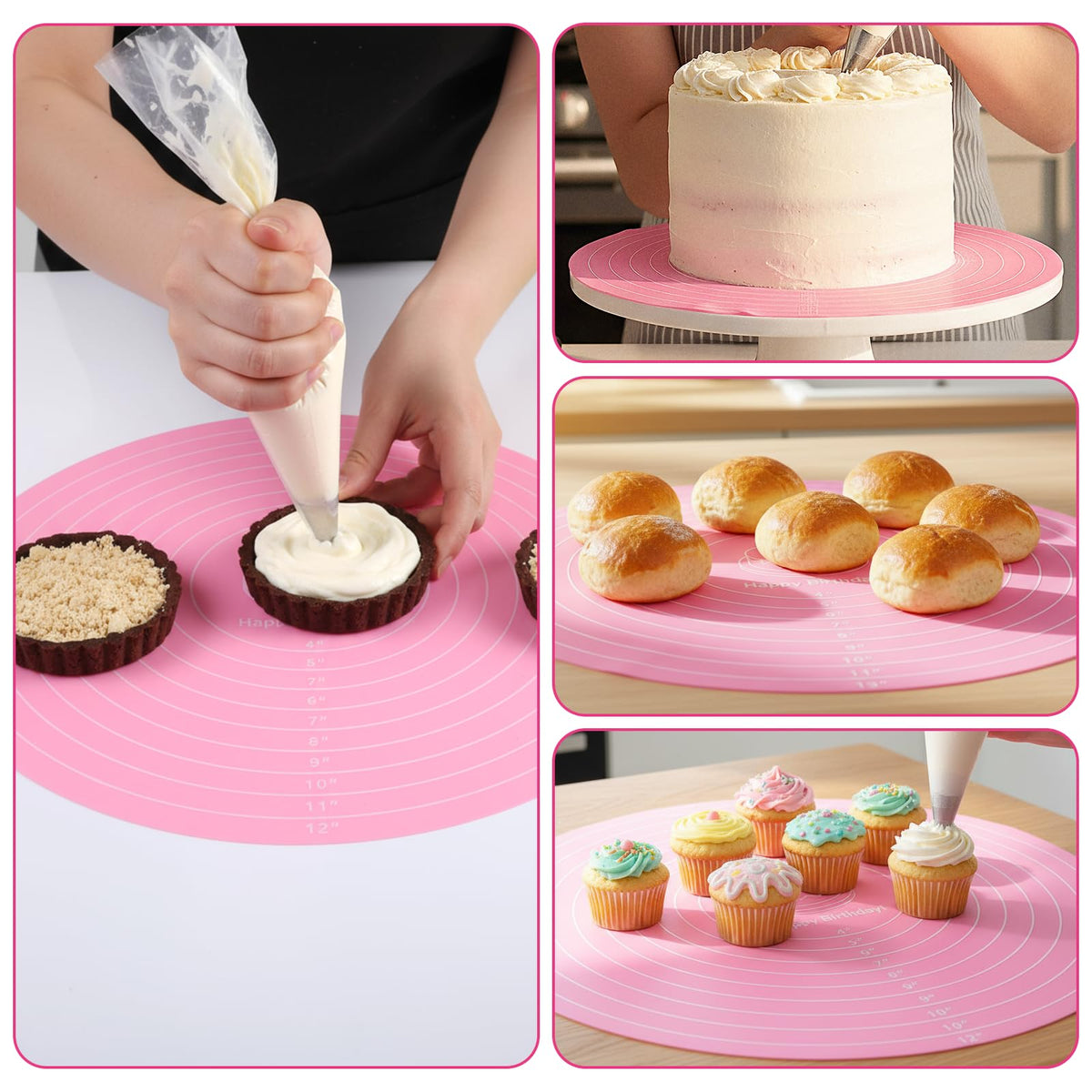 TIESOME 3 Pcs Round Silicone Baking Mat, 12 Inch (30cm) Silicone Rolling Mat With Measurements, Reusable Non-Stick Heat Resistant Baking Sheet for Dough, Fondant, Cookie & Pizza (Blue Pink Green)