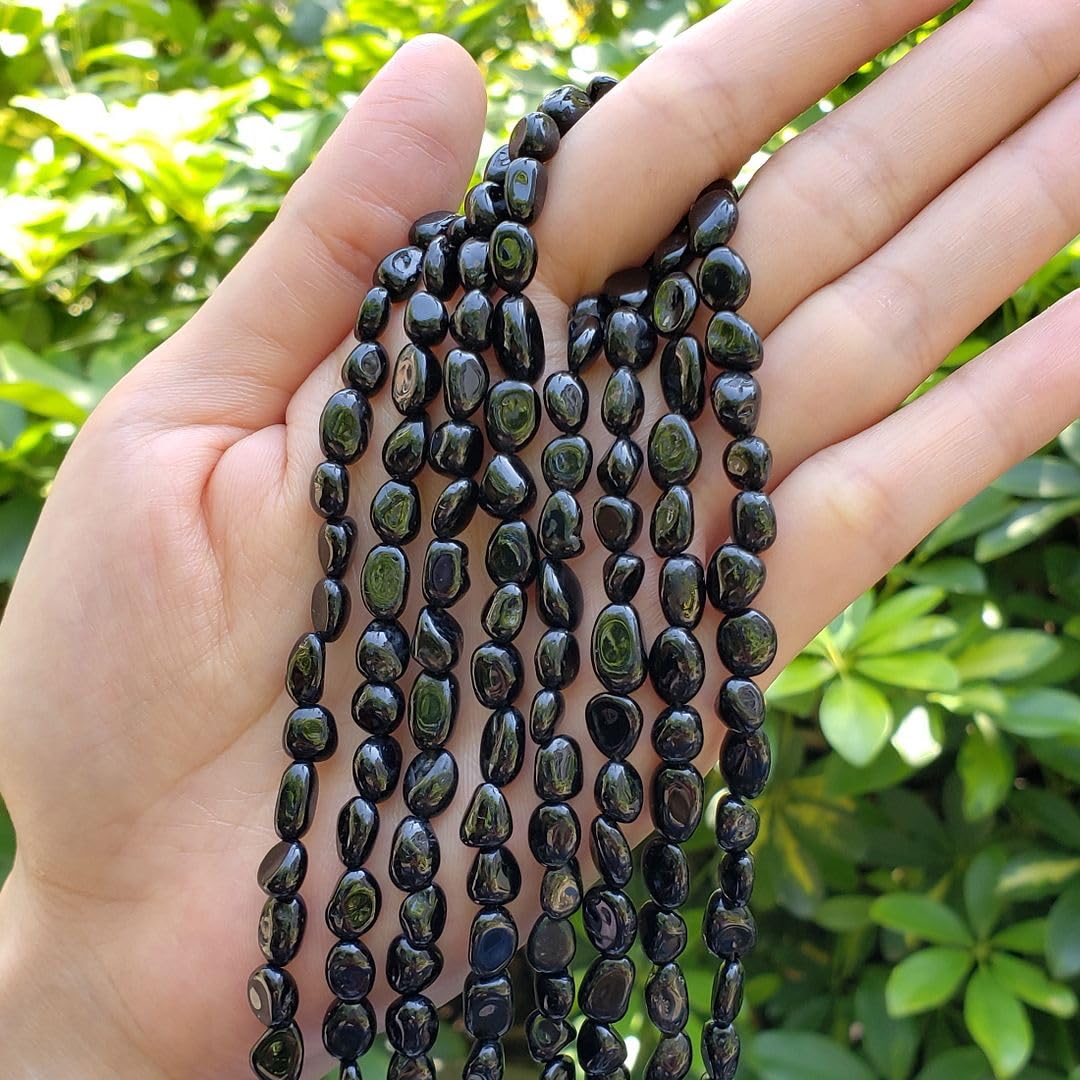 Adabele 15 Inch Natural Black Tourmaline Gemstone Loose Beads 6mm to 8mm Free Form Oval Tumbled Pebble Gem Stone Spacer for Jewelry Making GZ11-46