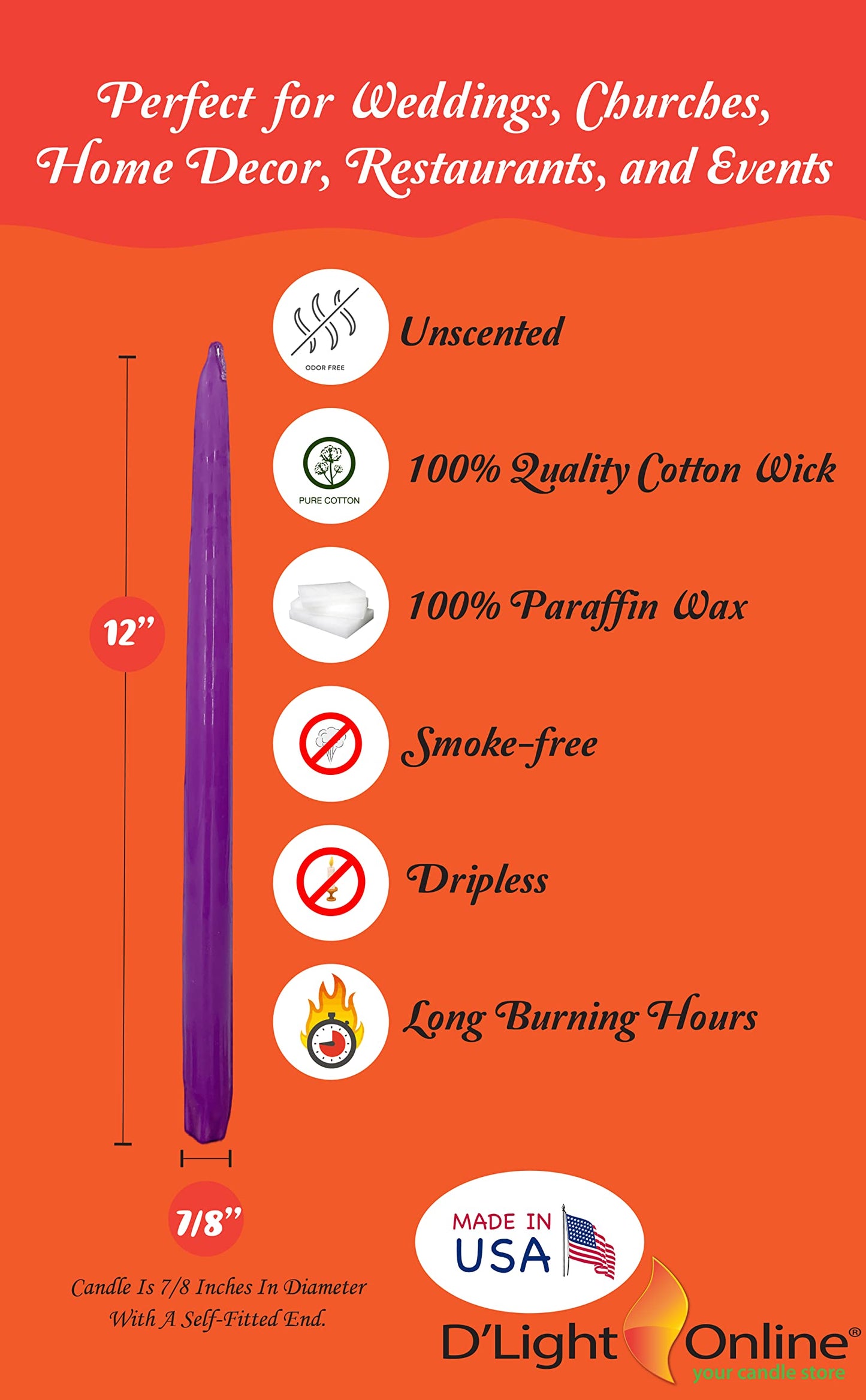 D'light Online Elegant 12" Unscented Lavender Taper Candles, Premium Quality Hand-Dipped Tapered Candles, Dripless and Smokeless - Set of 12 Individually Wrapped (12 Inch, Lavender)