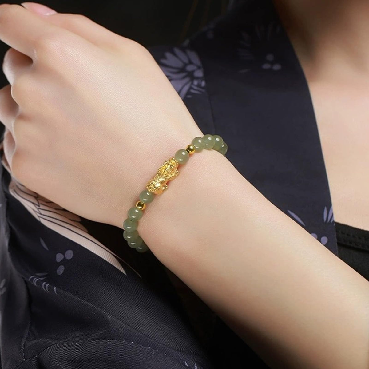 Long tiantian Green Beaded Bracelet for Women with Gold Tone Pixiu Charm, Minimal Stretch Bracelet with Round Beads for Daily Wear and Thoughtful Gifting