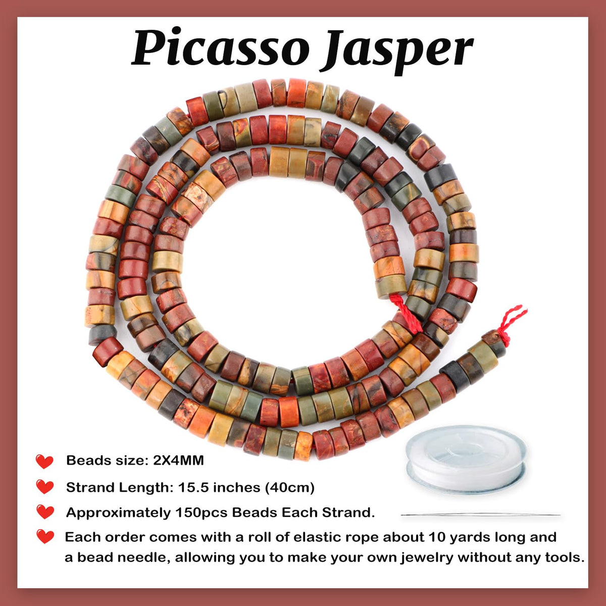 Natural Picasso Jasper Heishi Spacer Beads Loose Semi Precious Flat Round Gemstone Disc Shape Stone for Beading Jewelry Making 4x2mm 15.5"
