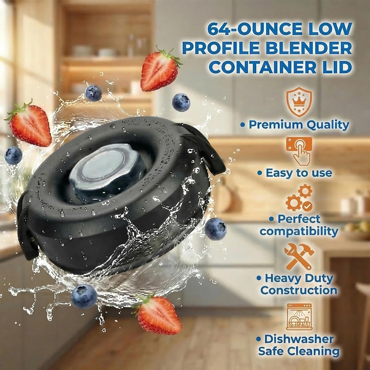 Blender Lid Replacement, 64oz Low-Profile Container Lid, Compatible with VM0103 VM0158 E310 E320, Replace for Pro 750 5200 5300 7500 Series, Rubber Lid Cover for Pitcher Jar