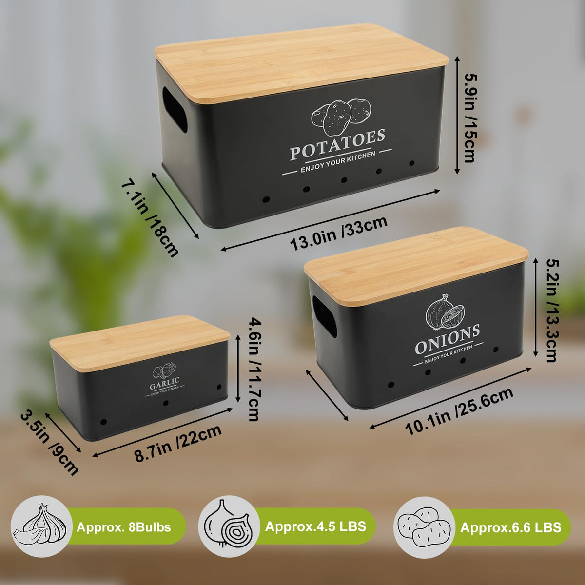 Dekosilave Kitchen Vegetable Storage Set of 3, Metal Onion Garlic Potato Storage Set, Kitchen Canisters Vegetable Keeper Containers with Aerating Holes and Wooden Lid (Black)