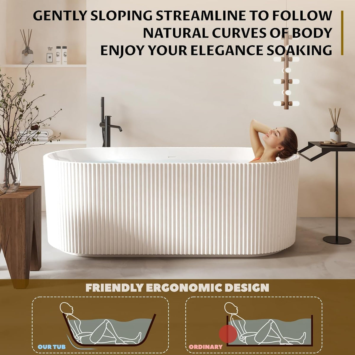 59" Free Standing Tub, Acrylic Soaking Bathtub, Stand Alone Freestanding Tub with Matte Sliver Drain and Overflow, Contemporary Bathtub for Bathroom, Pleated Gloss White