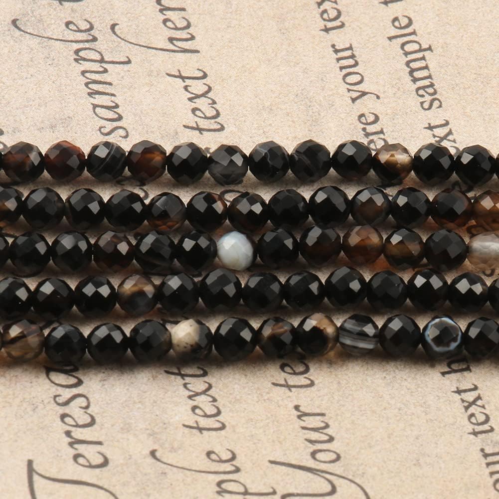 Song Xi 90pcs 4mm Natural Black Striped Agate Gemstone Beads Faceted Round Loose Stone Beads for Jewelry Making (1 Strand)