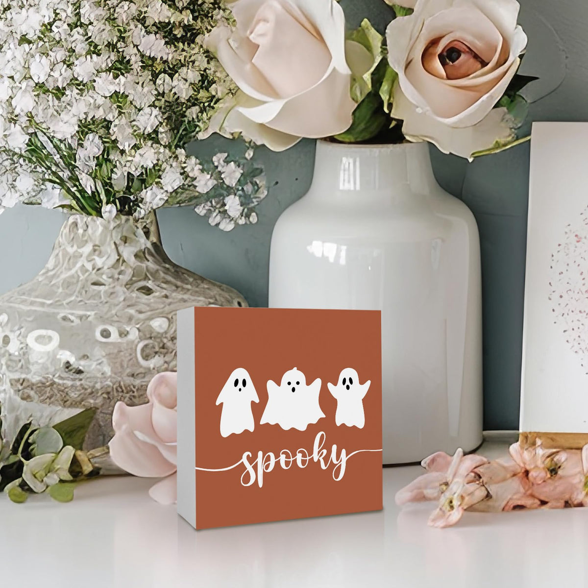 KFXHANGD Happy Halloween Ghosts Wooden Box Sign Desk Decor, Fall Thanksgiving Decoration, Fall Halloween Ghosts Decoration for Home Office, Halloween Spooky Gost Shelf Desk Decor 5x5 Inch