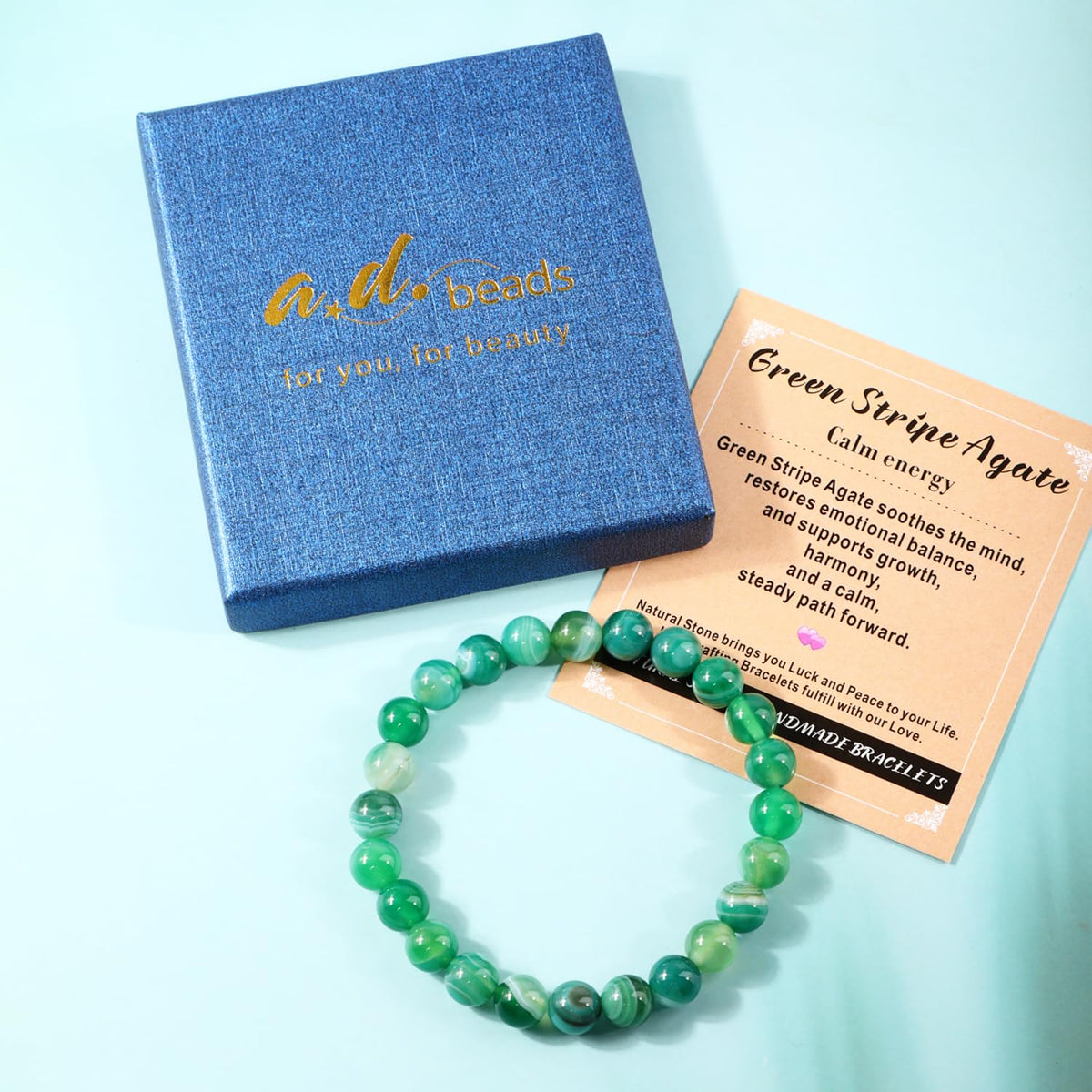 AD Beads 8mm Handmade Green Stripe Agate Elastic Bracelet – Natural Gemstone for Calm energy – Meditation, Yoga, Healing and Energy Gift for Men Women