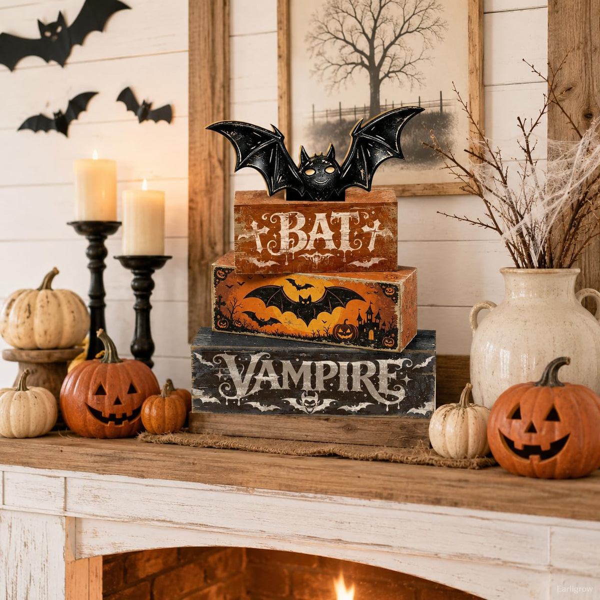 4 Pcs Halloween Table Decorations Bat Tiered Tray Decor Farmhouse Rustic Wooden Block Signs with Vampire & Jack-o'-Lantern Halloween Tabletop Centerpiece for Home Kitchen Shelf Mantel Office Desk