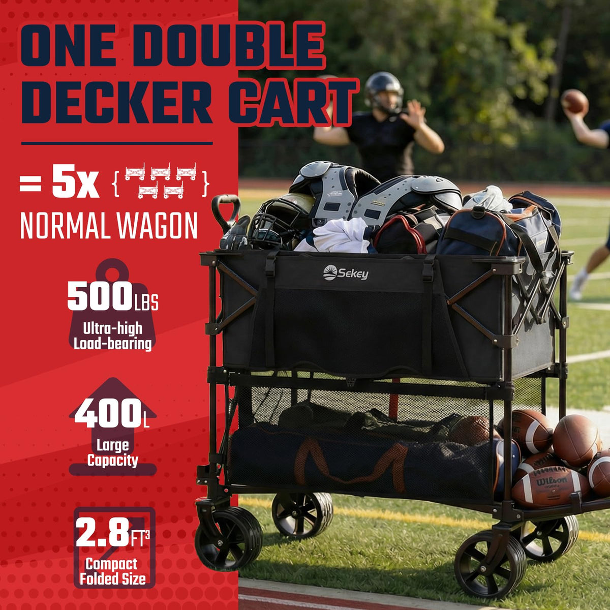 Sekey 500LBS Heavy Duty Double Decker Wagon with Extender, 400L Large Capacity Collapsible Garden Cart Fits 10x10 Canopy, All-Terrain Big Wheels with Brakes, Foldable Utility Wagon for Sports, Camping