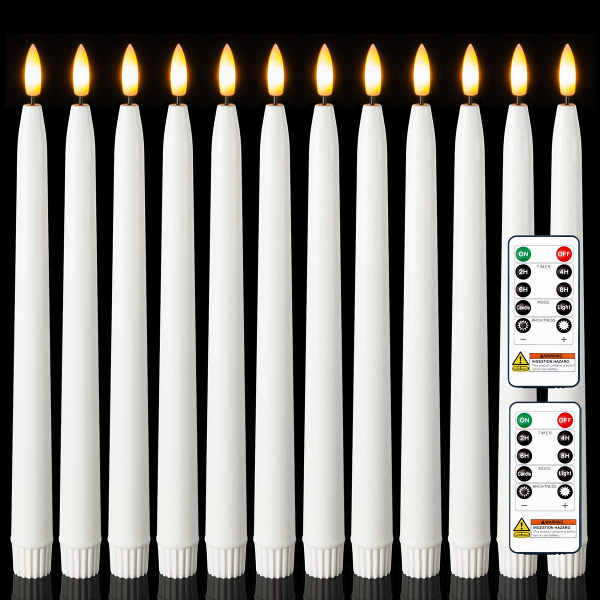 Homemory 11 inches Waxy Flameless Taper Candles with Remote Timer Dimmer, 12 Pcs Battery Operated Taper Candles with Flickering Flame, White LED Candlesticks for Wedding, Christmas Indoor Decoration