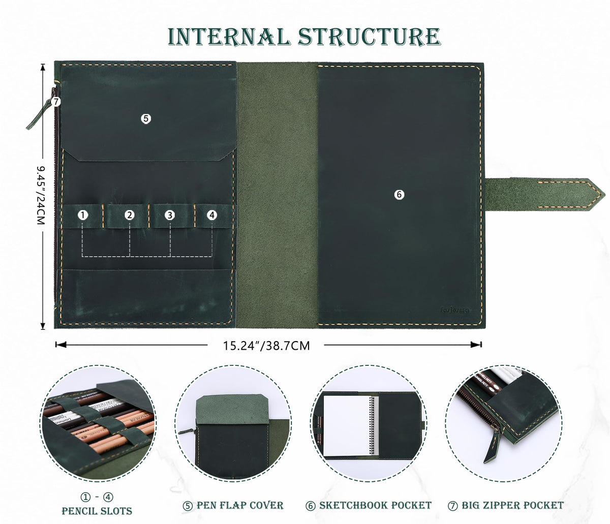 Fasjosma Leather Sketchbook Cover for A5/5.5"x8.5" sketch pads - Handmade Genuine Leather Artist Case with Pencil Holder & Zipper Pocket, Professional Drawing Supplies(Green, 5.5"x8.5")