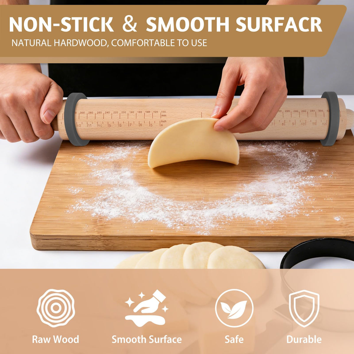 Long Adjustable Wood Rolling Pin: 21.1 Inch Rolling Pin with Thickness Rings and Measurement - Wooden Dough Roller for Baking Pastry Pizza Pie Crust Tortillas Cookie Bread - Bakers Baking Lovers