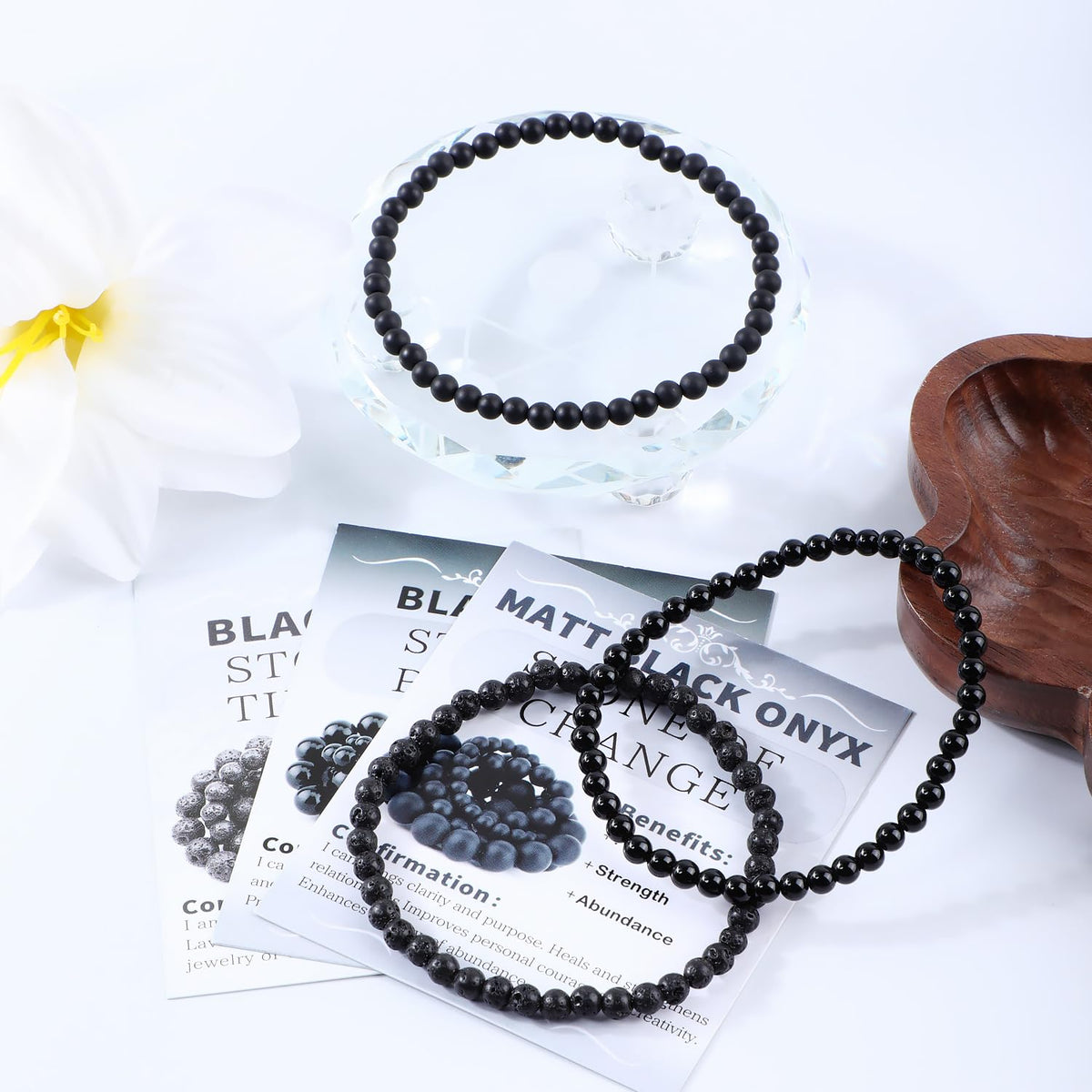 NCB 3-Piece 4mm Natural Crystal Gemstone Stretch Bracelets – ﻿Black Lava, Black Onyx, Matte Black Agate Handmade Reiki Energy Healing Jewelry for Meditation,Yoga, Unisex