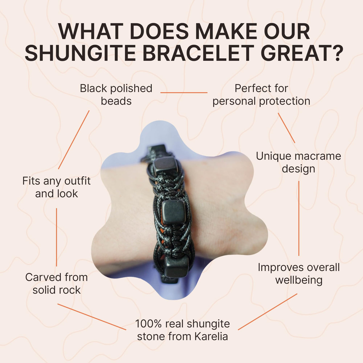 Brutal Handcrafted Shungite Stone Men's Bracelet Arachne 10 mm Cube Beads | Shungite Protection Jewelry for Men and Women | Adjustable Solid Stone Shambhala Macrame Black Mens Beaded Bracelet SB104