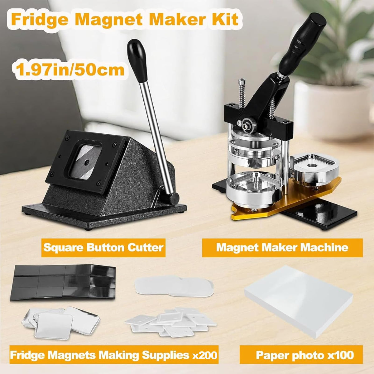 2X2in Square Fridge Magnet Maker Machine Kit, 50x50 mm DIY Photo Badge Refrigerator Sticker Press Machine with Paper Cutter, 200pcs Consumables, 100 Paper Photo
