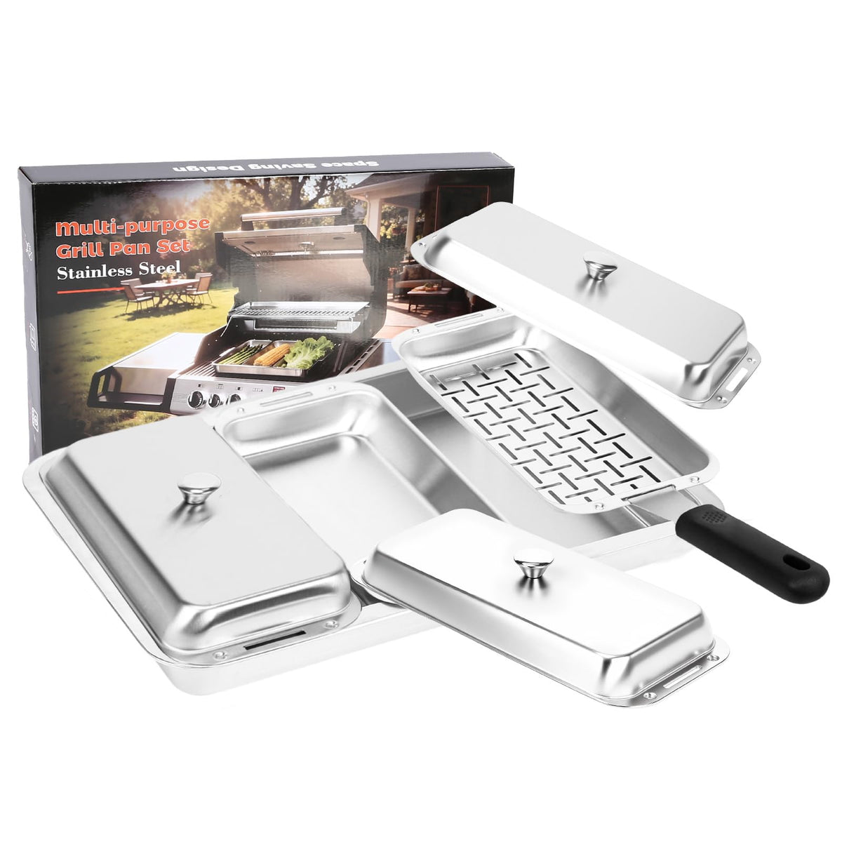 BBQ Vegetable Grill Basket Set, 4 Piece Stainless Steel Grill Pan Set with Universal Handle & lid, Dishwasher Safe, for Outdoor Cooking, Camping, Picnic, For Grilling Fish Veggies & Meats