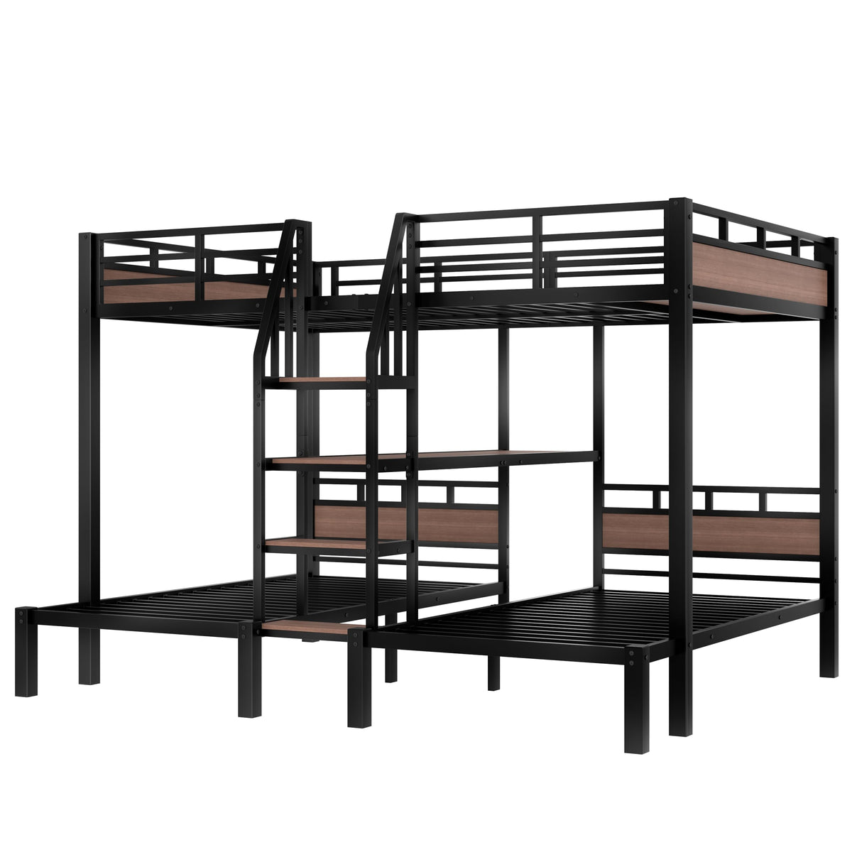 Bellemave Queen Over Twin & Twin Bunk Bed with Shelves, Metal Triple Bunk Beds with Safety Guardrails and Underbed Storage, Heavy-Duty 3 Bunk Beds for Kids, Teens, Adults, No Box Spring Needed, Black