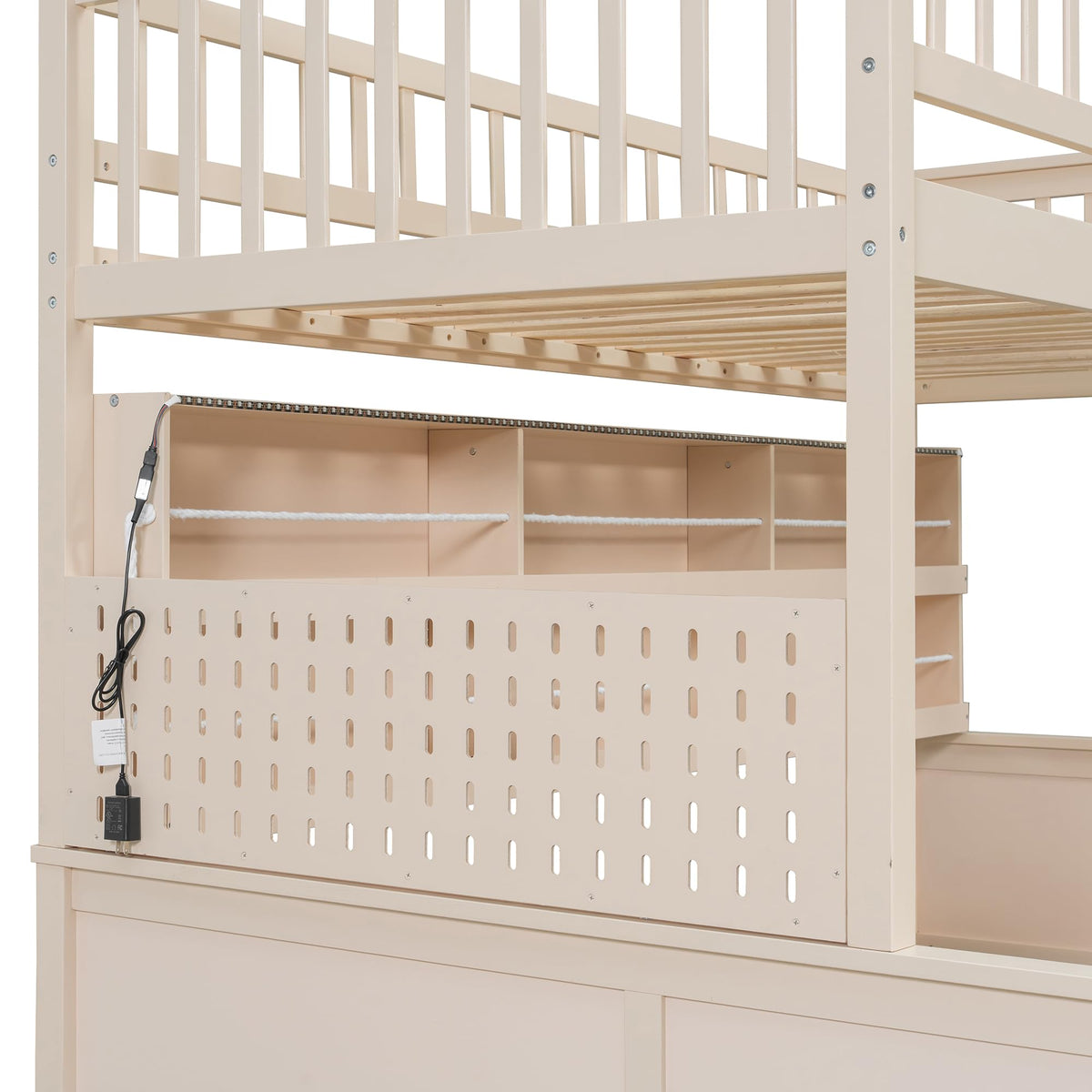 Merax Twin XL Over Queen Wood Bunk Bed Frame with Integrated Side Storage Shelves and Anti Falling Rope, Color-Changing Lights, Pegboard, Safe Guardrail and Ladder, for Teens, Adults, Guests (Beige)