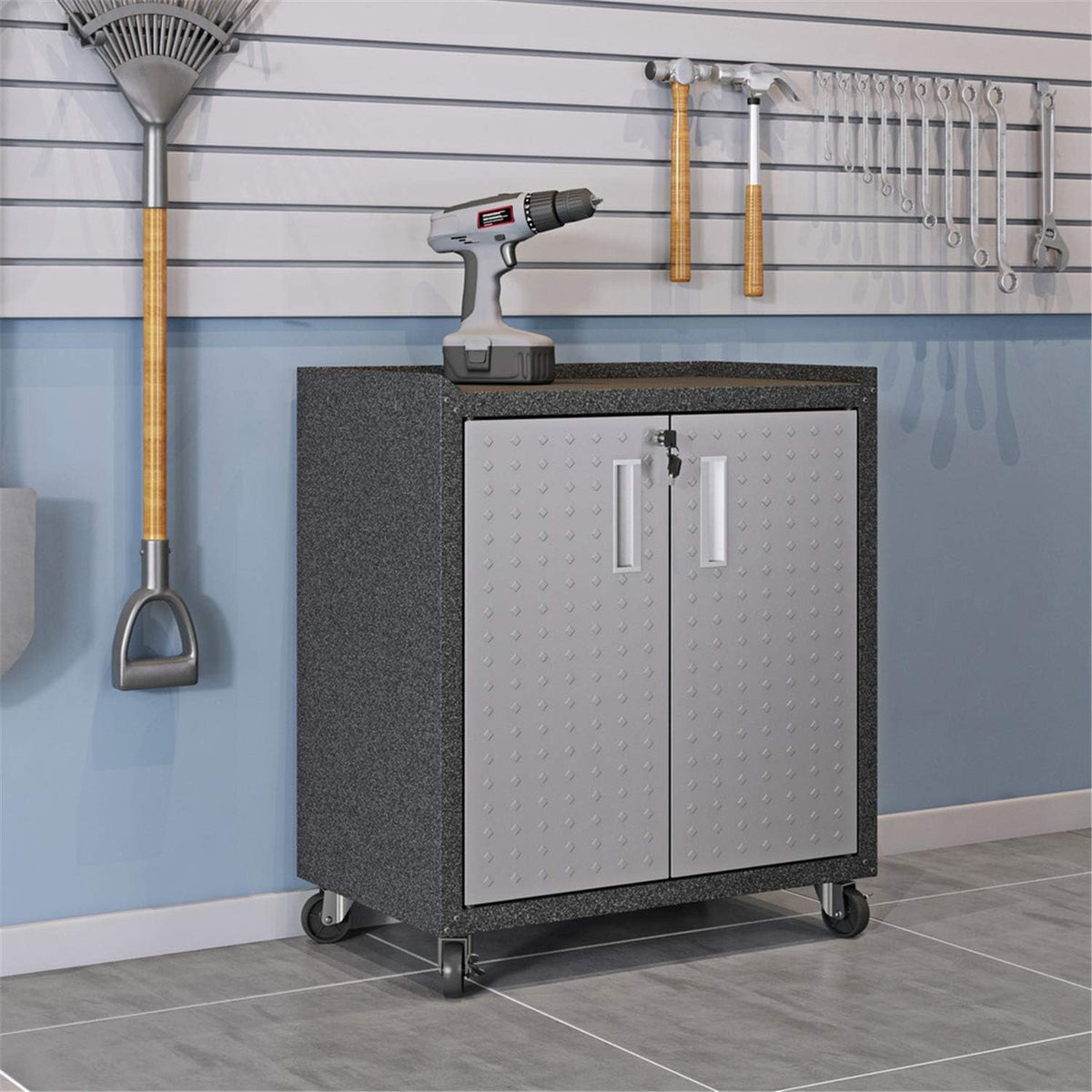 Manhattan Comfort Fortress 3-Piece Textured Garage Storage Set, Includes Mobile Metal Cabinet Chests and Worktable, Space-Saving Design, 25 Gauge Metal, Lockable Wheels, 1.0 Series, Grey