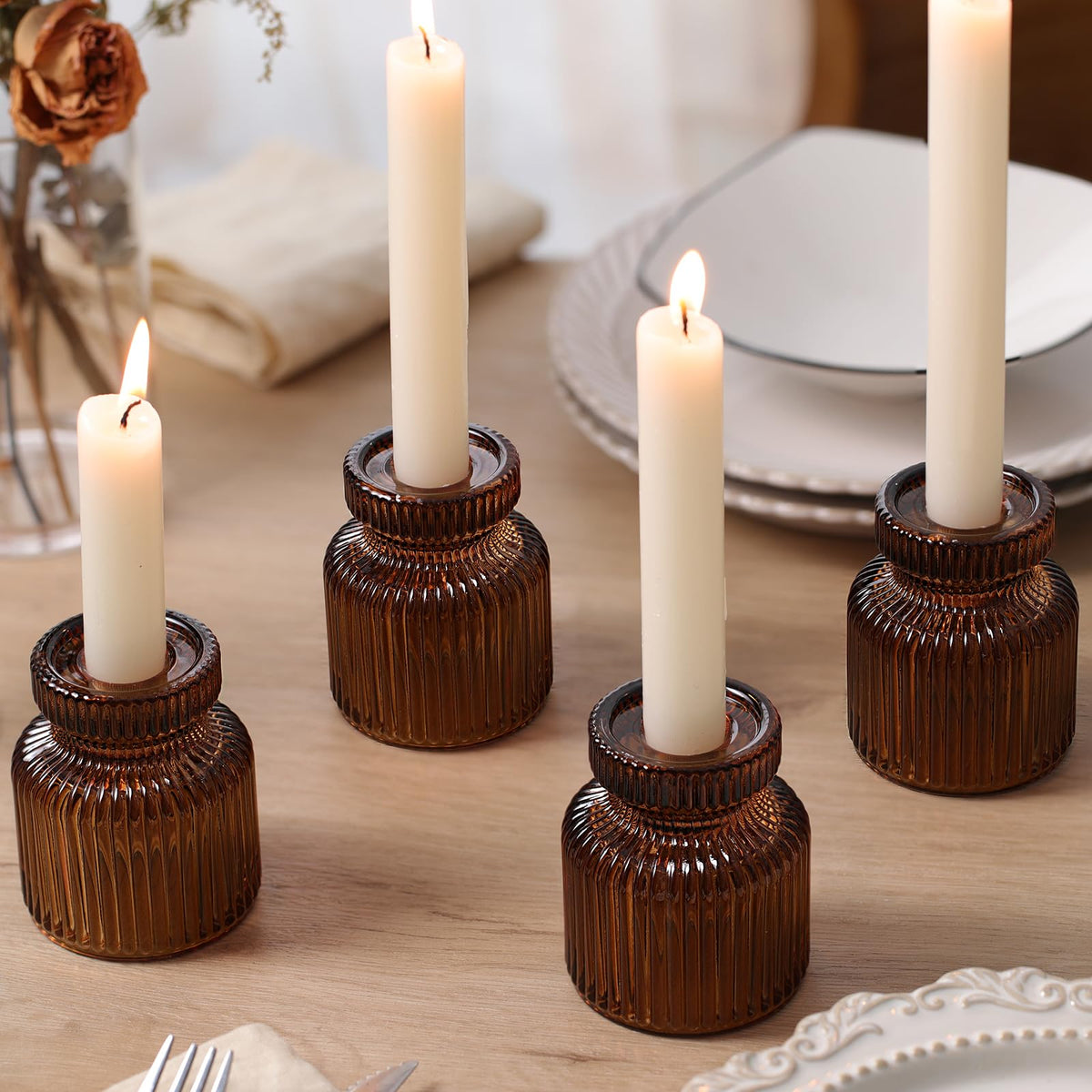 DARJEN 12 Pcs Glass Candlestick Holders- Amber Taper Candlestick Holders Tealight Votive Candle Holders for Table Centerpieces, Wedding, Dinner Party, Home Decor