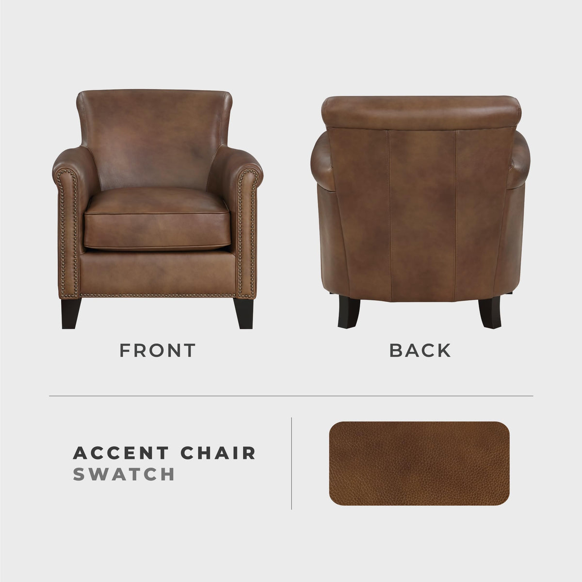 Lexicon 100% Top Grain Genuine Leather Chair, Leather Accent Chairs for Living Room, Solid Wood Frame, Rolled Armrest & Nailhead Trim, Comfy Reading for Bedroom, Office, Waiting Room, Classic Brown