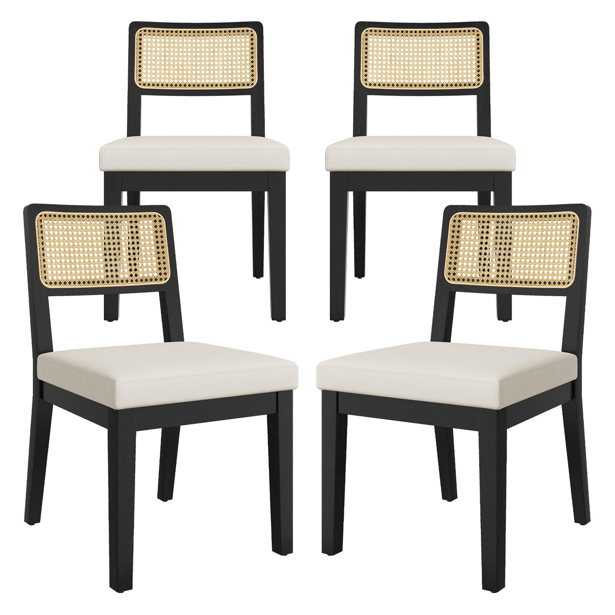 Garvee Rattan Dining Chairs Set of 4, French Country Upholstered Dining Chairs Wood Frame, Rattan Backrest, Armless Chair for Kitchen Restaurant Dining Room Bedroom, Linen, Black