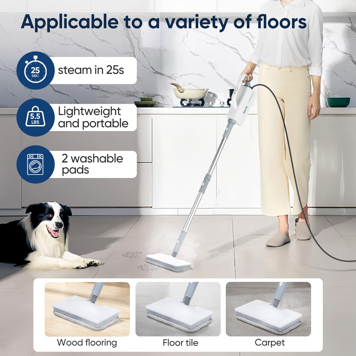Seyola Steam Mop for Floor Cleaning, Steam Cleaner for Home with Handheld 6-in-1 Multi-function Attachments for Hardwood Floors, Clothes, Windows, Tiles Grout, Furniture Cleaning (off-white)